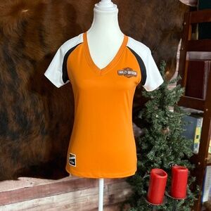 Harley-Davidson Orange V-Neck Raglan Tee – Size Small